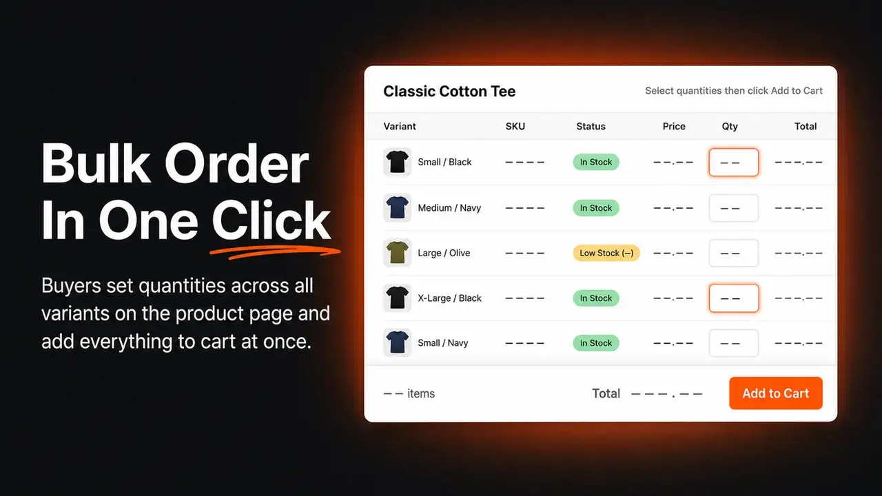 OrderPad: Variant order table for a T-shirt product with multiple sizes an