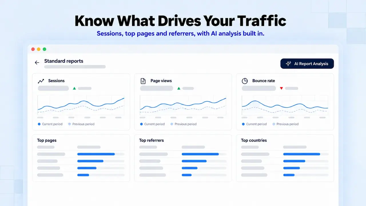 Analyzely:  Standard reports with sessions, top pages and AI analysis