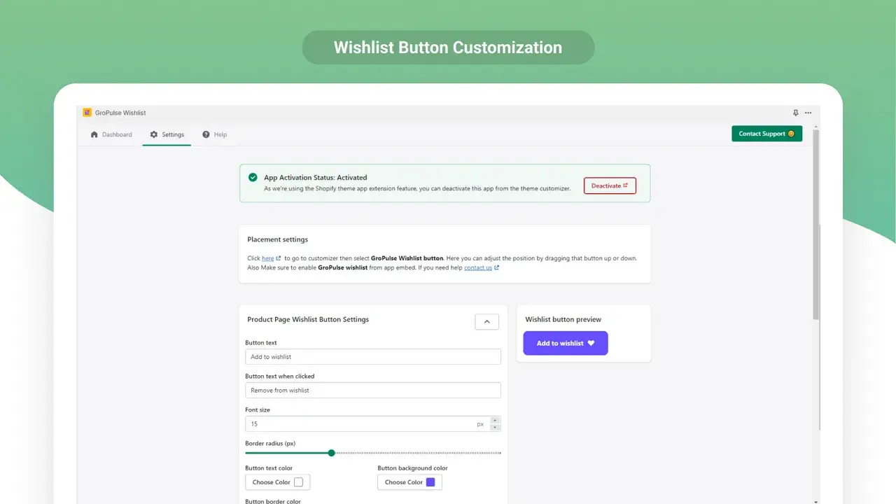 Wishlist & Upsell: Settings