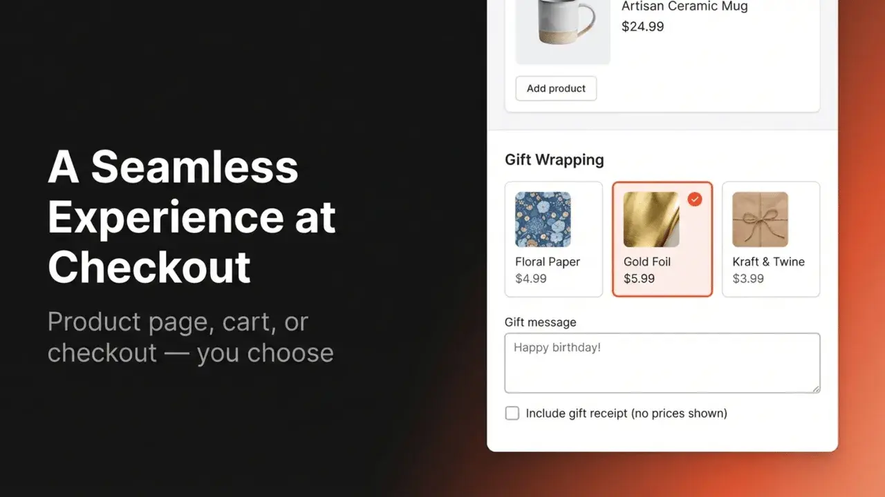 Gift Wrap & Message: Customer gift wrapping selection at checkout