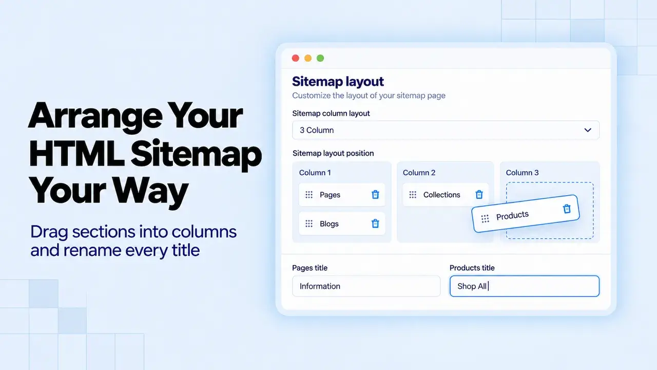NoIndexly: HTML sitemap layout editor with drag-and-drop columns