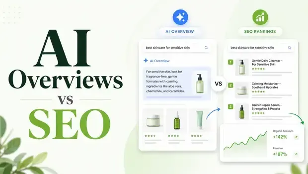 GroPulse thumbnail comparing Google AI Overviews and traditional SEO for Shopify stores with search and analytics visuals.