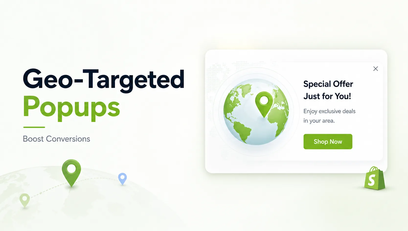 Geo-targeted Shopify popups thumbnail with focused targeting UI card and conversion messaging
