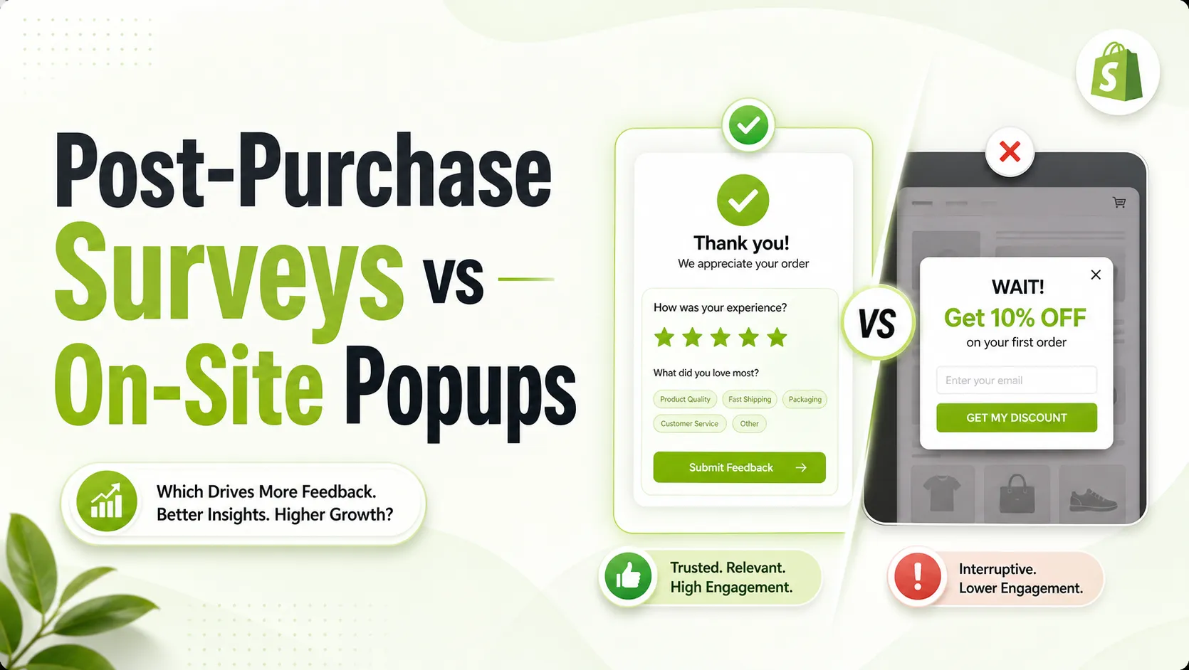 Post-purchase surveys vs on-site popups featured image comparing Shopify thank-you page surveys with storefront popup overlays for customer feedback and conversion strategy